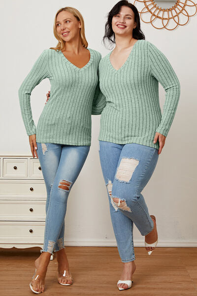 Ribbed V-Neck Long Sleeve Top- 5 Colors (Green, Teal, Peacock, Pink)