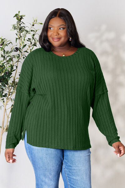 Ribbed Slit Knit Top- 5 Colors (Peacock, Black, Navy, Brick, Green)