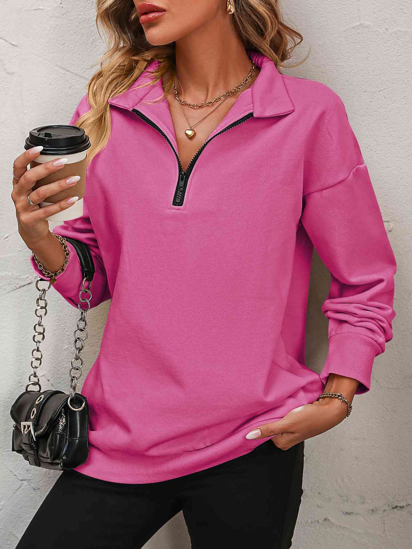 Zip-Up Dropped Shoulder Sweatshirt- 7 Colors (Hot Pink, Black, Wine, Camel, Army Green, Apricot, Grey)