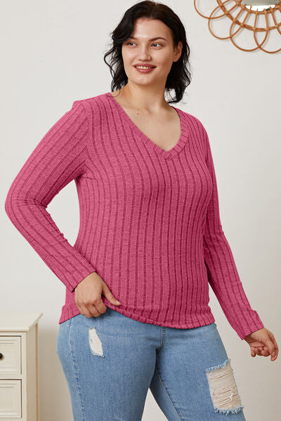 Ribbed V-Neck Long Sleeve Top- 5 Colors (Green, Teal, Peacock, Pink)