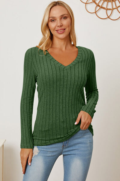 Ribbed V-Neck Long Sleeve Top- 5 Colors (Green, Teal, Peacock, Pink)