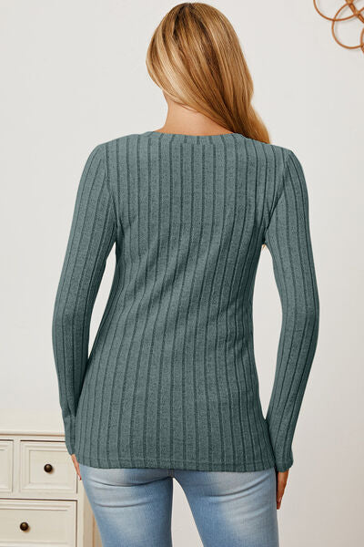 Ribbed V-Neck Long Sleeve Top- 5 Colors (Green, Teal, Peacock, Pink)