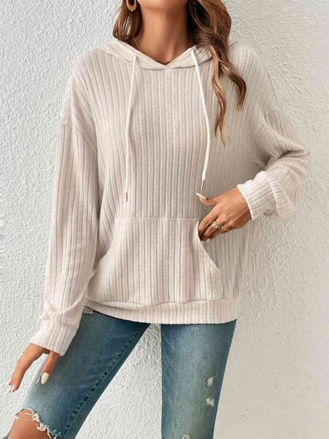 Ribbed Drawstring Hoodie- 4 Colors (Tan, Gum Leaf, Light Gray, Black)