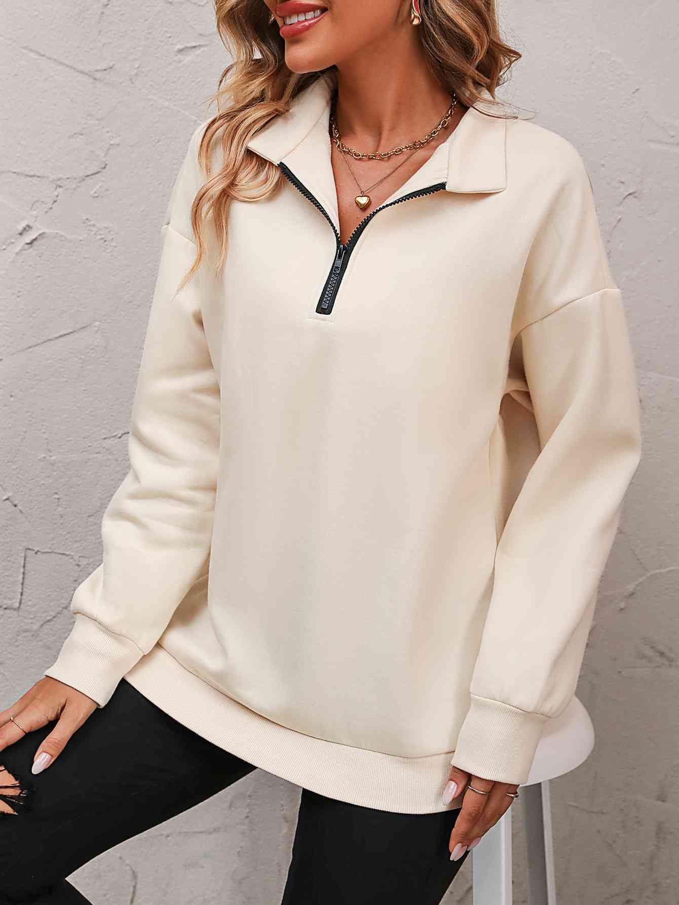 Zip-Up Dropped Shoulder Sweatshirt- 7 Colors (Hot Pink, Black, Wine, Camel, Army Green, Apricot, Grey)