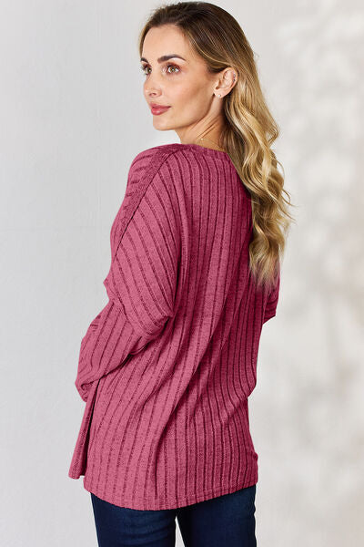 Ribbed Half Button Long Sleeve- 5 Colors (Brick, Green, Peacock, Pink, Sky)