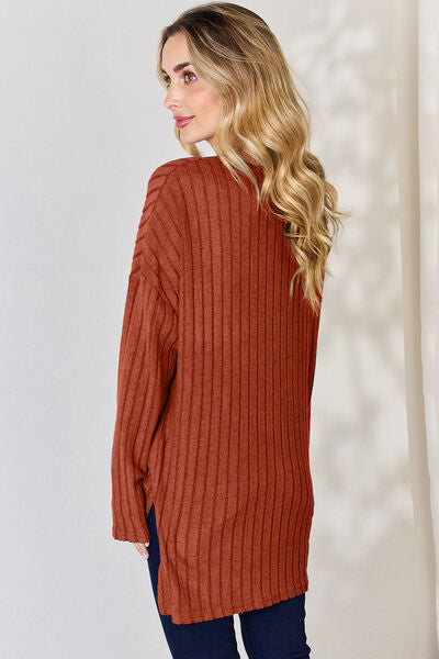 Ribbed Half Button High-Low Top- 5 Colors (Sky, Green, Pink, Red, Blue)