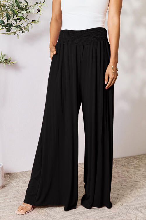 Smocked Waistband Wide Leg Pants- 5 Colors (Pink, Army Green Coffee, Black, Charcoal)