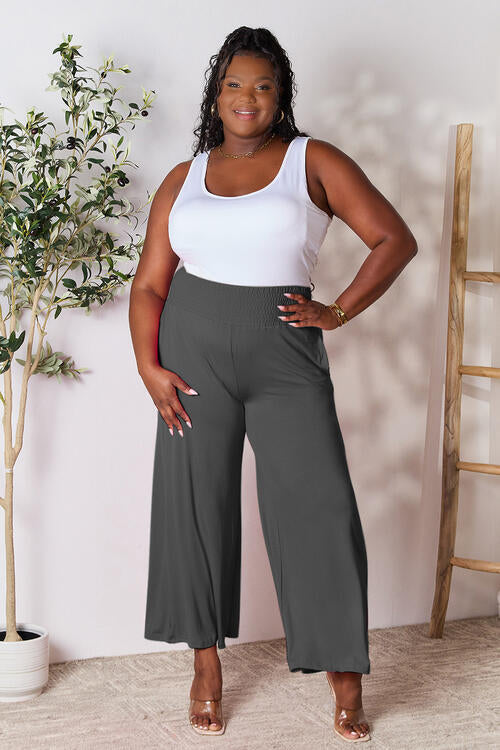 Smocked Waistband Wide Leg Pants- 5 Colors (Pink, Army Green Coffee, Black, Charcoal)