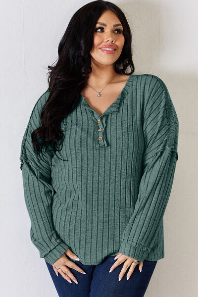 Ribbed Half Button Long Sleeve- 5 Colors (Brick, Green, Peacock, Pink, Sky)
