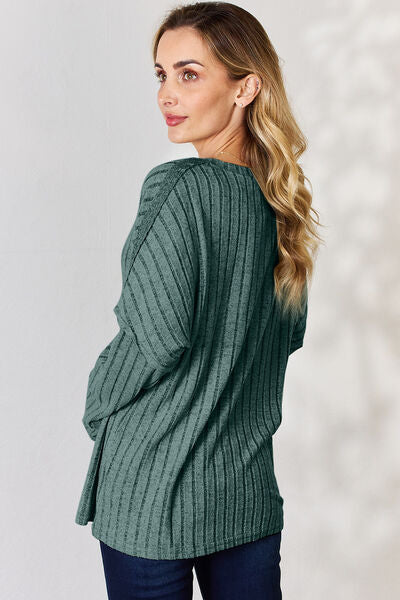 Ribbed Half Button Long Sleeve- 5 Colors (Brick, Green, Peacock, Pink, Sky)