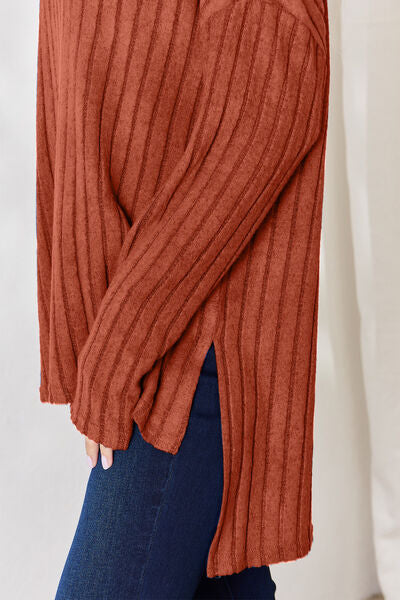 Ribbed Half Button High-Low Top- 5 Colors (Sky, Green, Pink, Red, Blue)