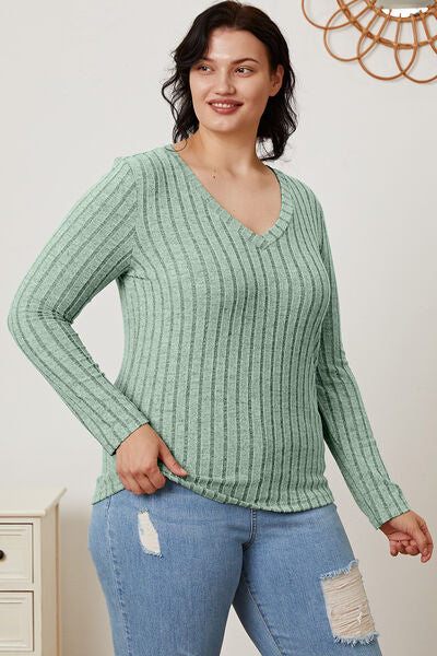 Ribbed V-Neck Long Sleeve Top- 5 Colors (Green, Teal, Peacock, Pink)