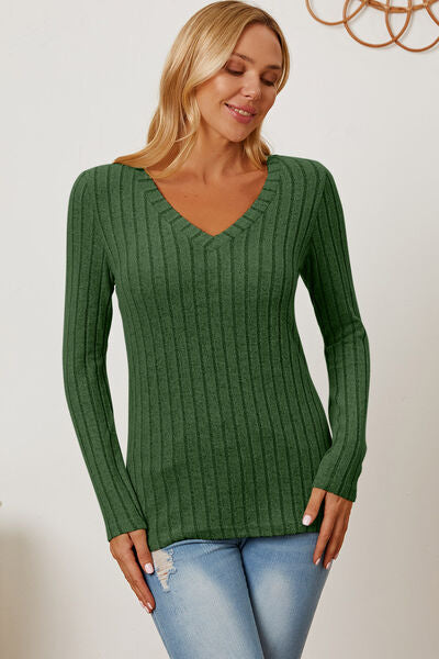 Ribbed V-Neck Long Sleeve Top- 5 Colors (Green, Teal, Peacock, Pink)