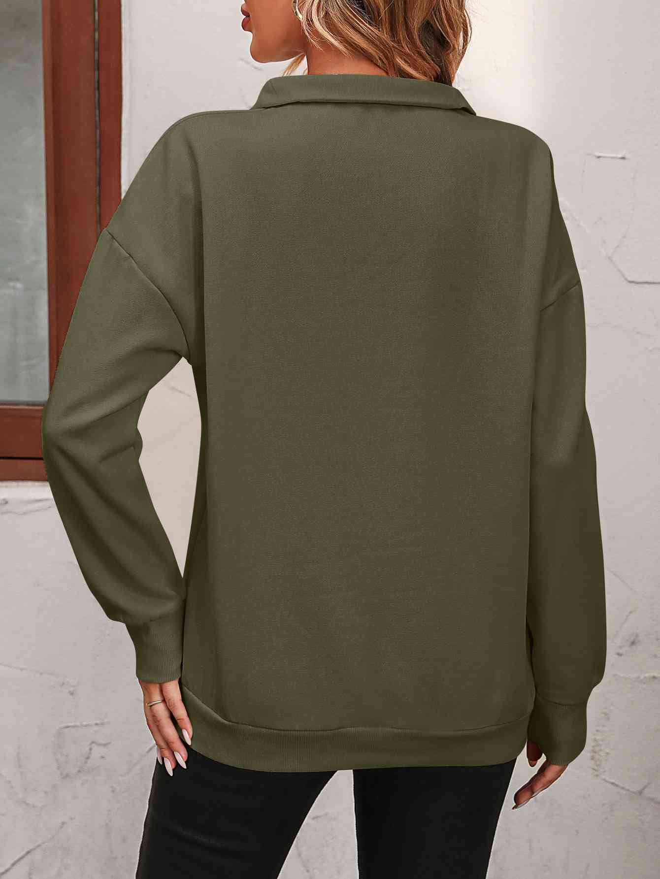 Zip-Up Dropped Shoulder Sweatshirt- 7 Colors (Hot Pink, Black, Wine, Camel, Army Green, Apricot, Grey)