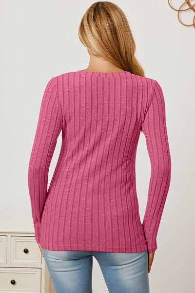 Ribbed V-Neck Long Sleeve Top- 5 Colors (Green, Teal, Peacock, Pink)