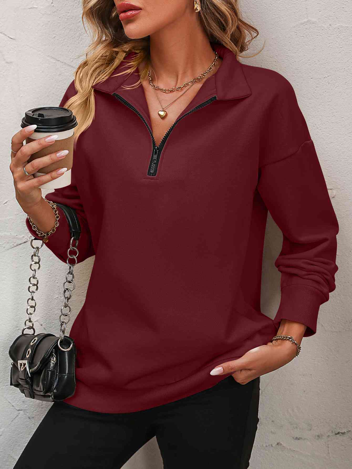 Zip-Up Dropped Shoulder Sweatshirt- 7 Colors (Hot Pink, Black, Wine, Camel, Army Green, Apricot, Grey)