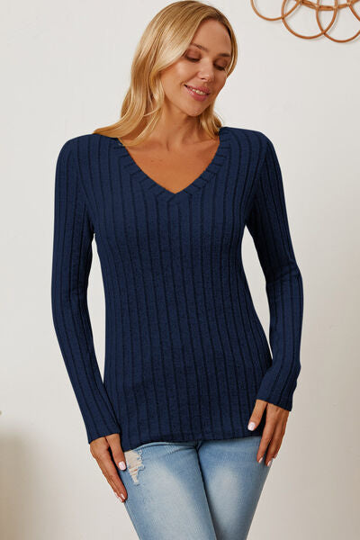Ribbed V-Neck Long Sleeve Top- 5 Colors (Green, Teal, Peacock, Pink)