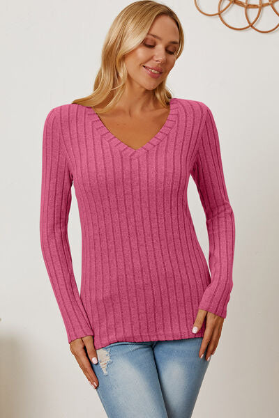 Ribbed V-Neck Long Sleeve Top- 5 Colors (Green, Teal, Peacock, Pink)