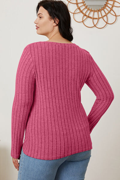 Ribbed V-Neck Long Sleeve Top- 5 Colors (Green, Teal, Peacock, Pink)