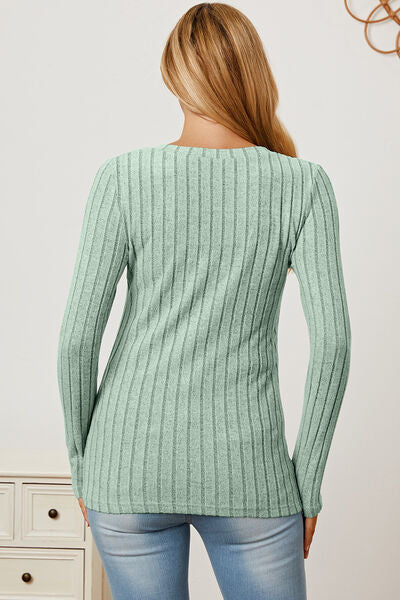 Ribbed V-Neck Long Sleeve Top- 5 Colors (Green, Teal, Peacock, Pink)