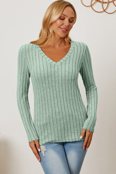 Ribbed V-Neck Long Sleeve Top- 5 Colors (Green, Teal, Peacock, Pink)