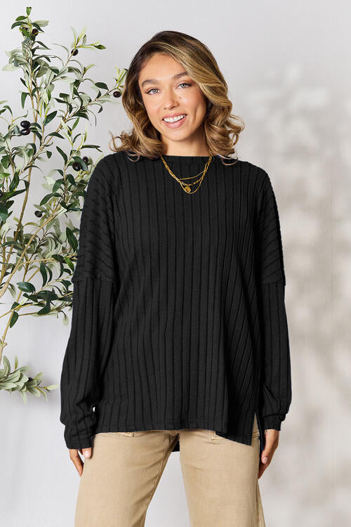 Ribbed Slit Knit Top- 5 Colors (Peacock, Black, Navy, Brick, Green)