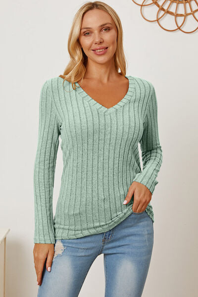Ribbed V-Neck Long Sleeve Top- 5 Colors (Green, Teal, Peacock, Pink)