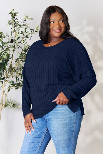 Ribbed Slit Knit Top- 5 Colors (Peacock, Black, Navy, Brick, Green)