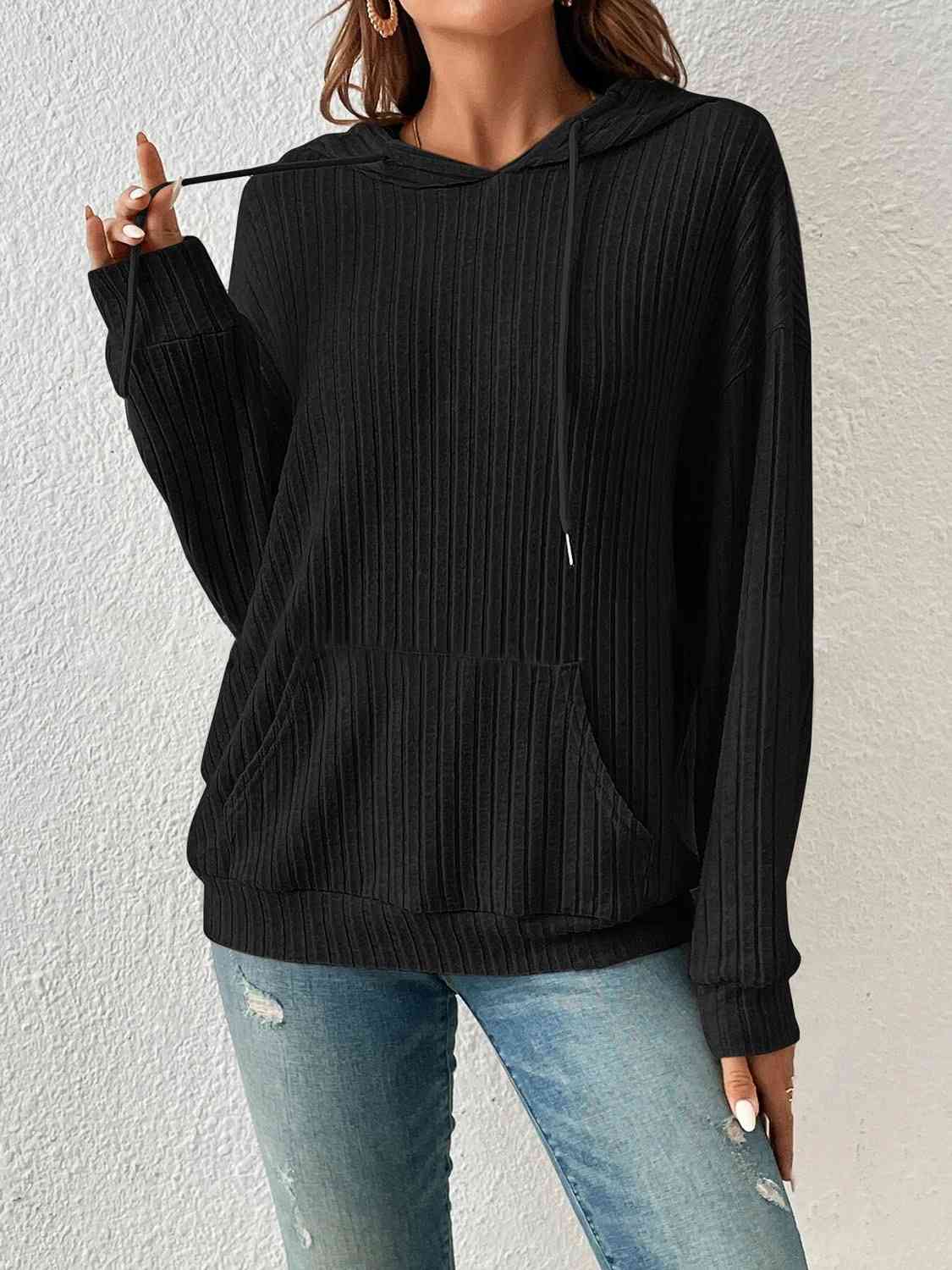 Ribbed Drawstring Hoodie- 4 Colors (Tan, Gum Leaf, Light Gray, Black)