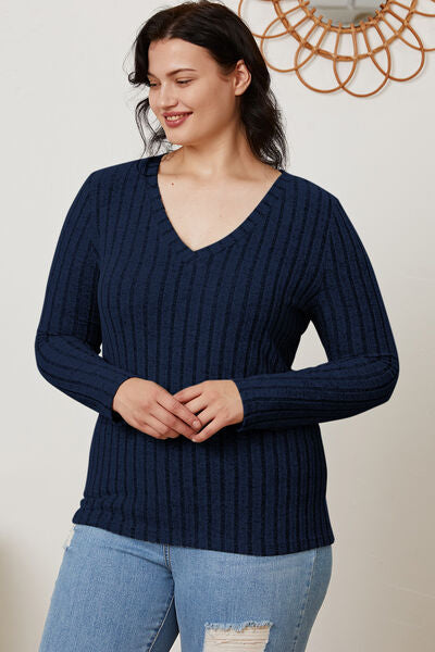 Ribbed V-Neck Long Sleeve Top- 5 Colors (Green, Teal, Peacock, Pink)