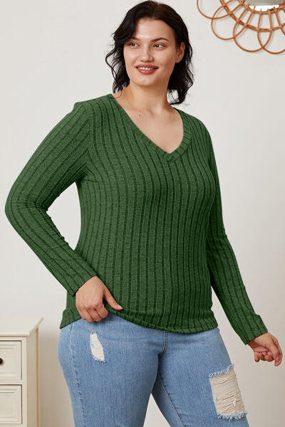 Ribbed V-Neck Long Sleeve Top- 5 Colors (Green, Teal, Peacock, Pink)