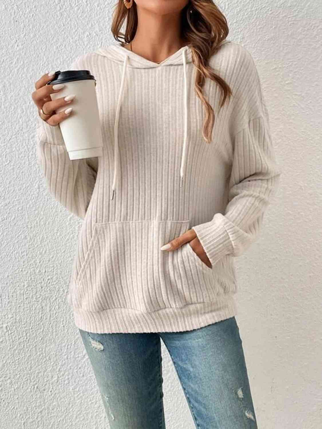 Ribbed Drawstring Hoodie- 4 Colors (Tan, Gum Leaf, Light Gray, Black)