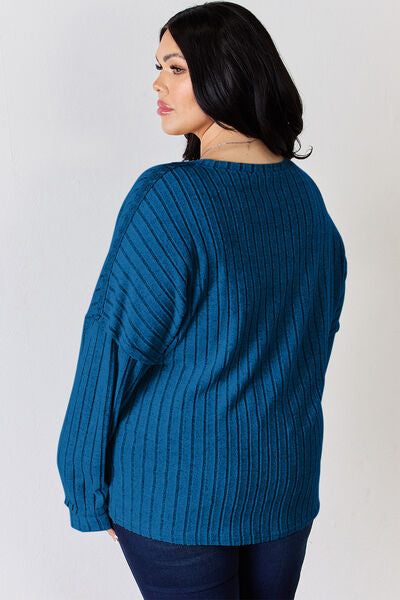 Ribbed Half Button Long Sleeve- 5 Colors (Brick, Green, Peacock, Pink, Sky)
