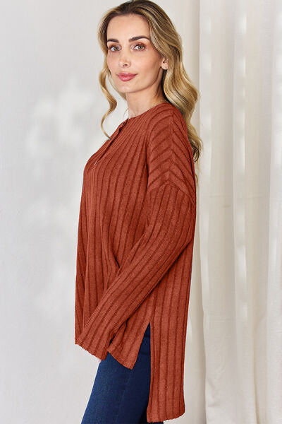Ribbed Half Button High-Low Top- 5 Colors (Sky, Green, Pink, Red, Blue)
