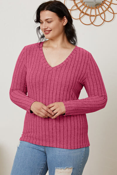 Ribbed V-Neck Long Sleeve Top- 5 Colors (Green, Teal, Peacock, Pink)
