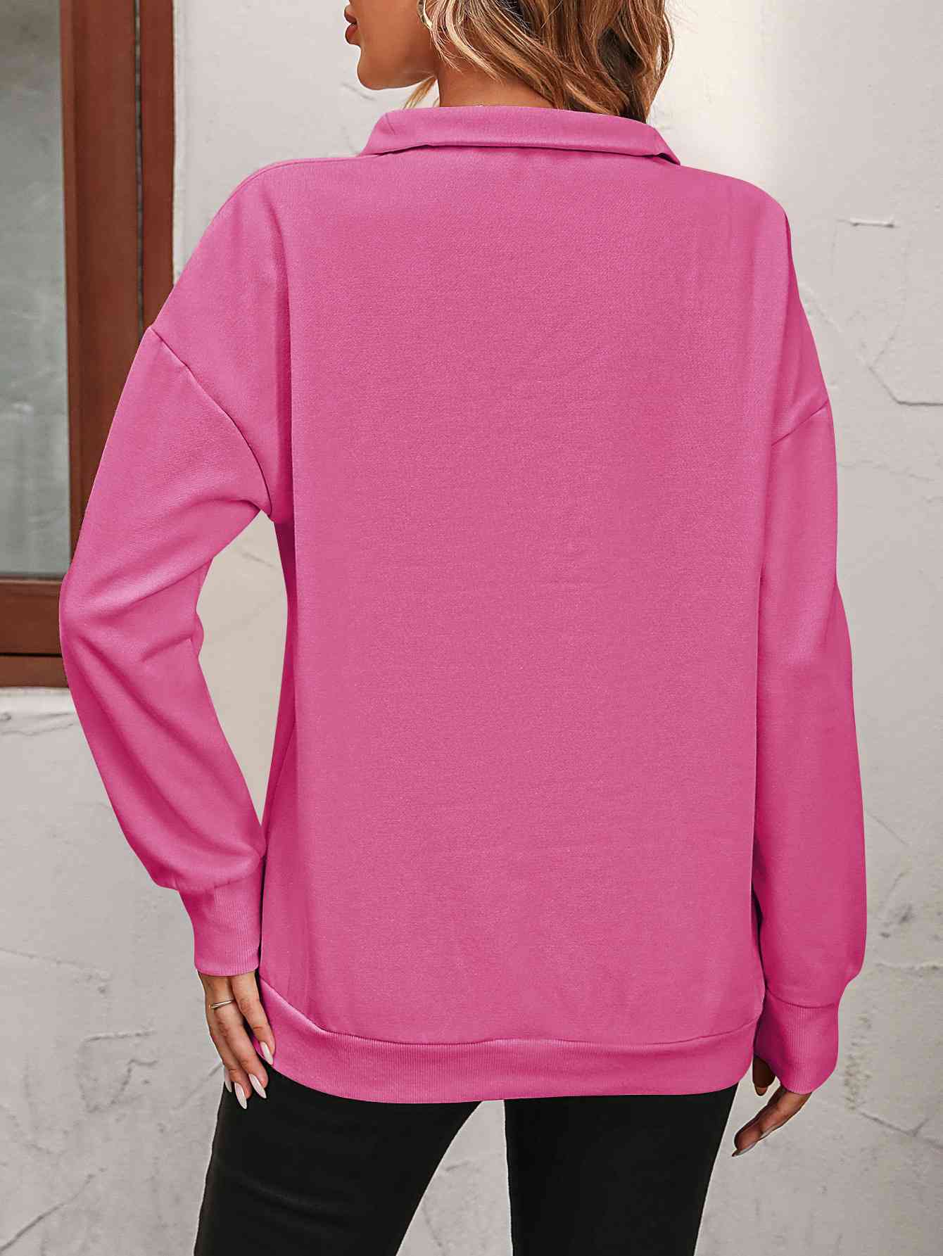 Zip-Up Dropped Shoulder Sweatshirt- 7 Colors (Hot Pink, Black, Wine, Camel, Army Green, Apricot, Grey)