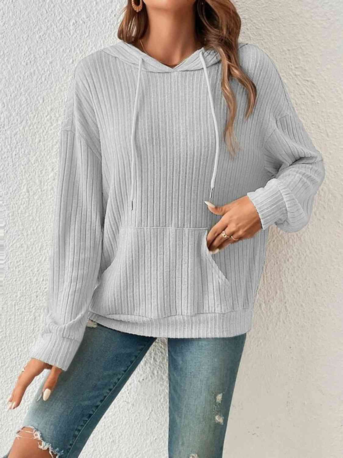 Ribbed Drawstring Hoodie- 4 Colors (Tan, Gum Leaf, Light Gray, Black)