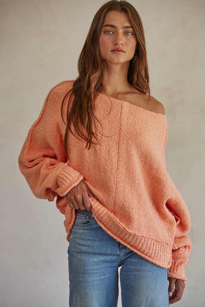 W1768 | Knit Sweater Cotton Nylon Boat Neck Pullover: Dusty Coral / S