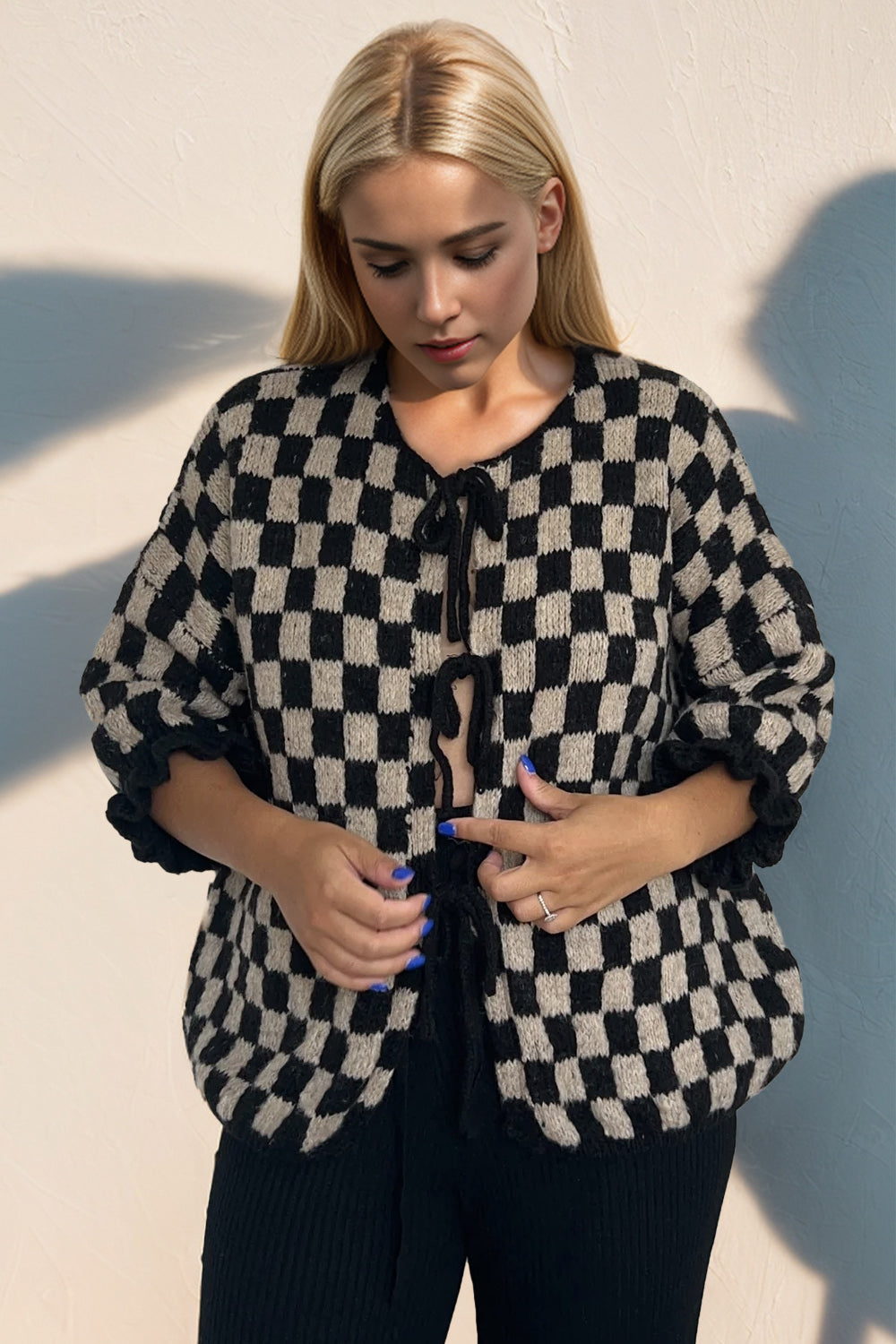 Tied Checkered Dropped Shoulder Cardigan- 7 Colors