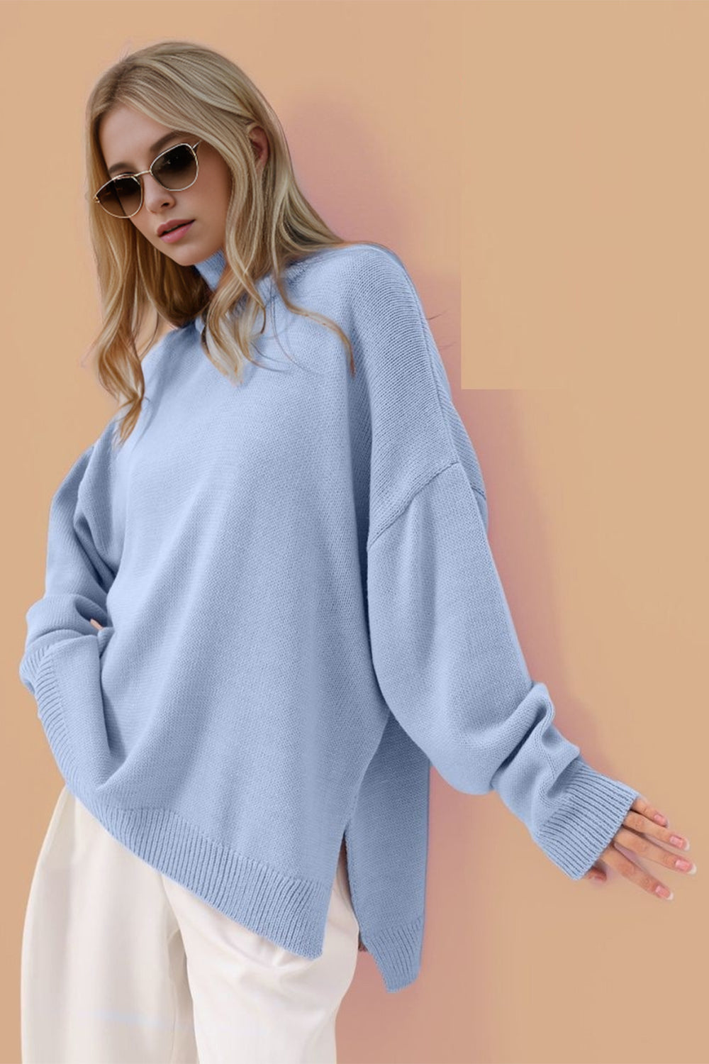 Side Slit Turtleneck Long Sleeve Sweater- 5 Colors (Khaki, Royal Blue, Dust Storm, Dusty Pink, Light Blue)