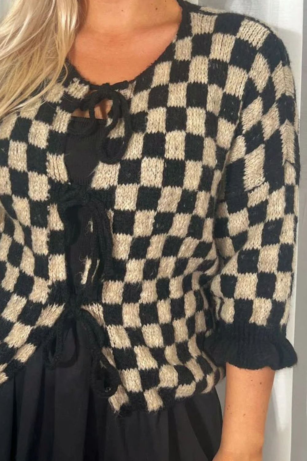 Tied Checkered Dropped Shoulder Cardigan- 7 Colors