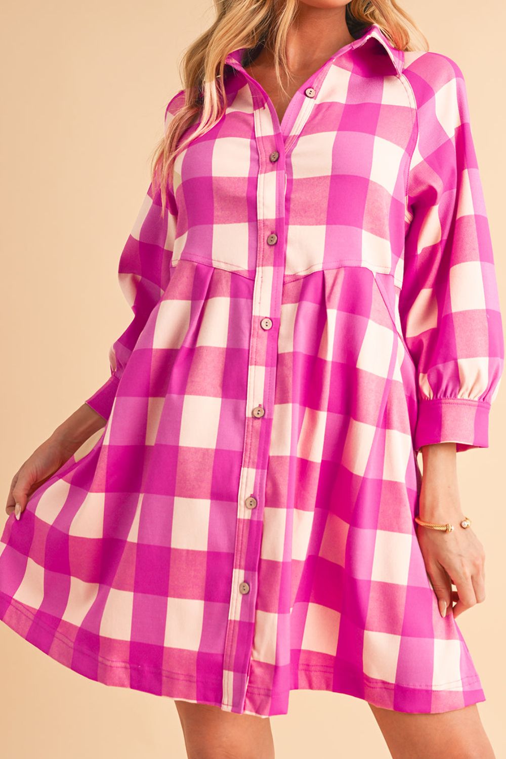 Ruched Plaid Three-Quarter Sleeve Shirt Dress