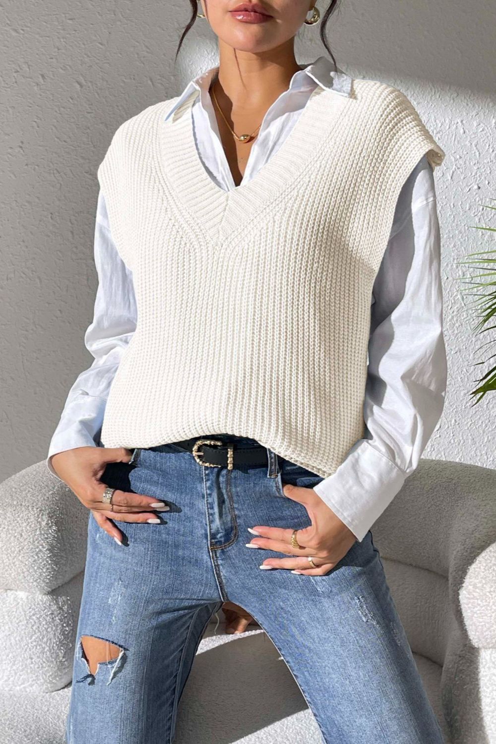 V-Neck Sweater Vest- 5 Colors (Light Blue, Chocolate, Black, Beige, Ivory)