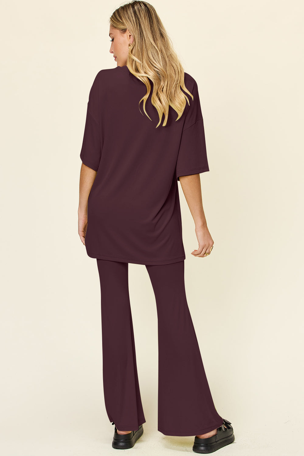 Drop Shoulder T-Shirt and Flare Pants Set- 6 Colors (Black, Mocha, Dusty Pink, Light Grey, Lavender, Deep Red)