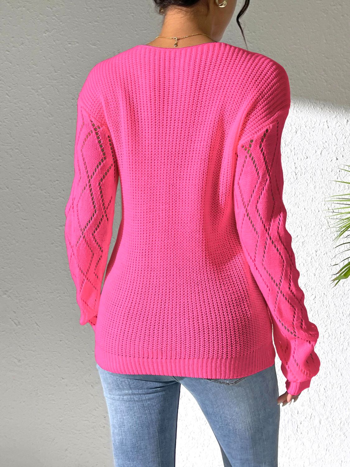 Openwork V-Neck Long Sleeve Sweater- 5 Colors (White, Black, Dark Blue, Strawberry, Lime)