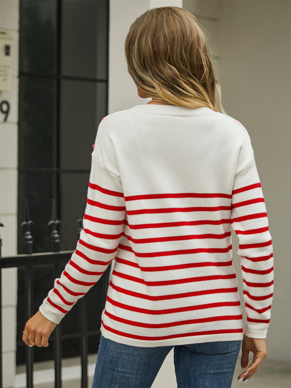 Shoulder Button Striped Pullover Sweater- 3 Colors (Dark Green, Black, Deep Red)