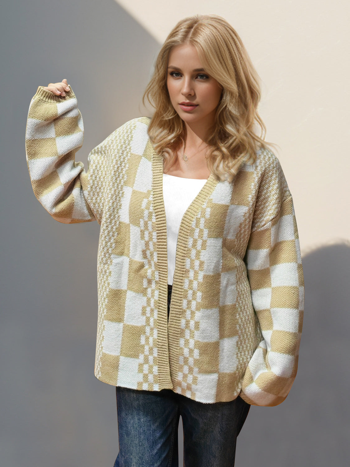 Checkered Open Front Dropped Shoulder Cardigan- 2 Colors (Tan, Dusty Pink)