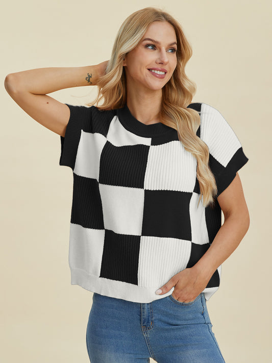 Checkered Short Sleeve Sweater- 4 Colors (Black, Pink, Camel, Turquoise)