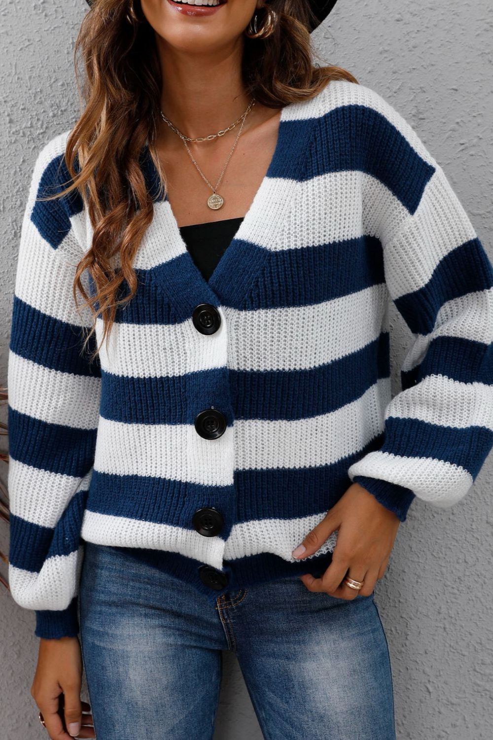 Striped Button Up Sweater- 4 Colors (Caramel, Black, Navy, Forest