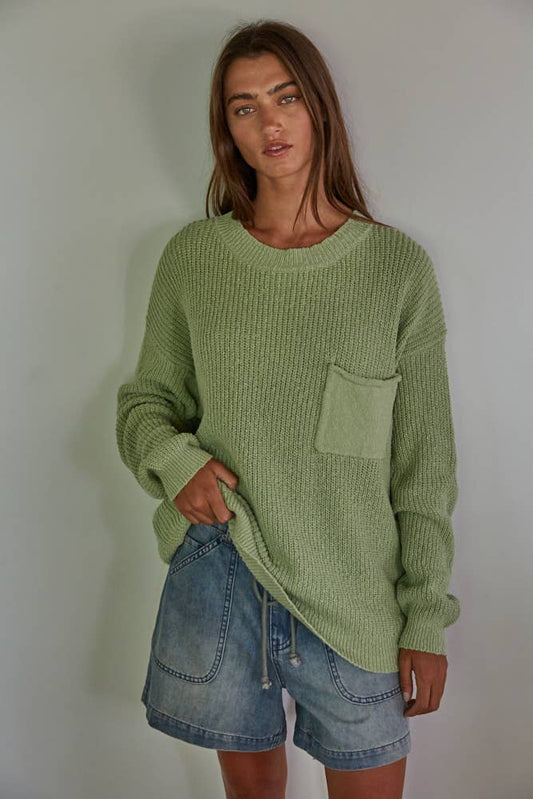 W1557 | Knit Cotton Sweater Ribbed Pullover Top: Light Sage / S